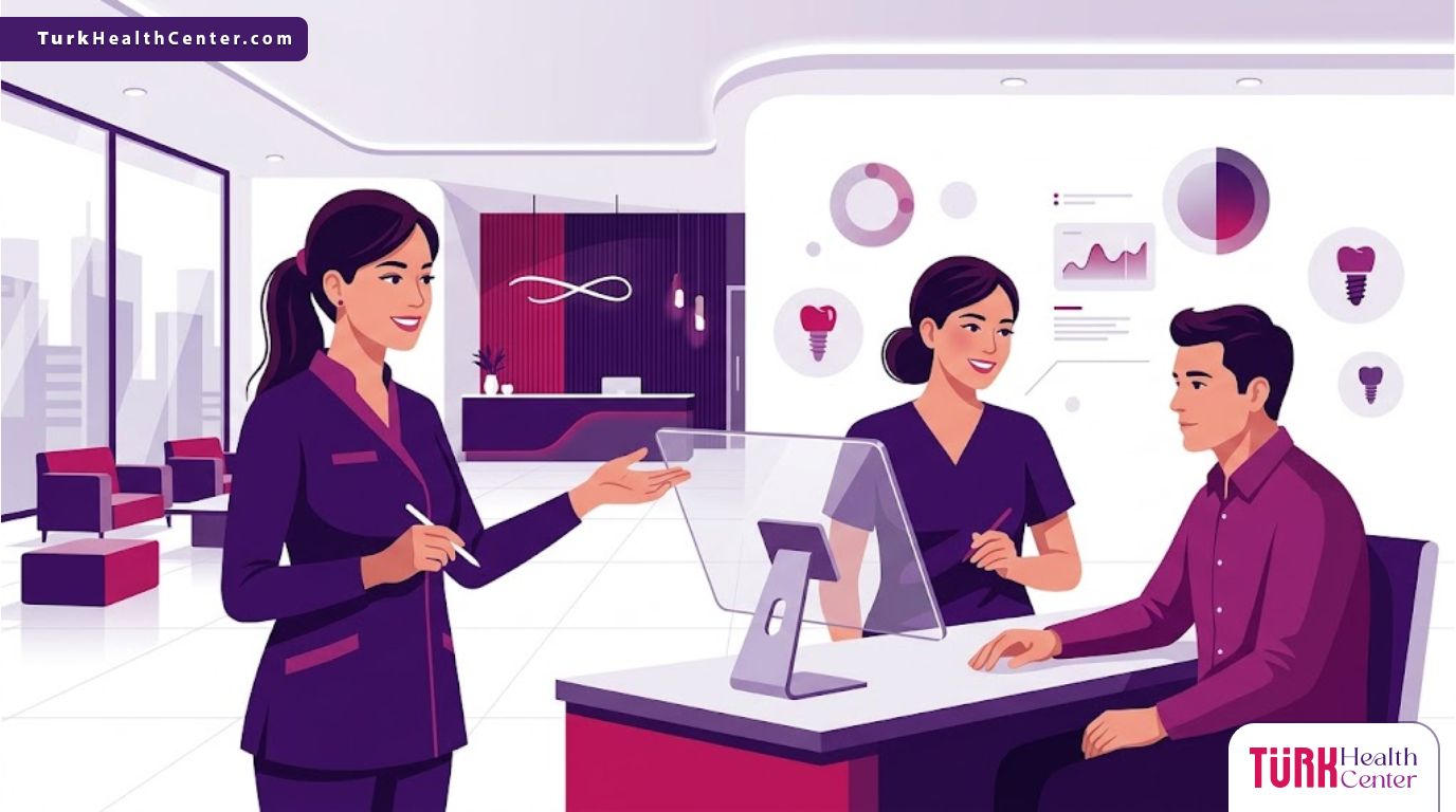 رسوم توضيحية فاخرة تشرح ميزات زراعة الأسنان في تركيا داخل عيادة طبية حديثة ومتطورة 