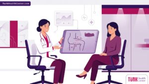 رسم توضيحي يظهر طبيباً يشرح ميزات شد الأفخاذ في تركيا لمريضة داخل عيادة تجميل فاخرة