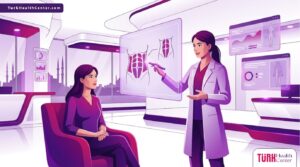 رسم توضيحي يظهر طبيب يشرح ميزات شد البطن الكامل في تركيا لمريض داخل عيادة فاخرة 