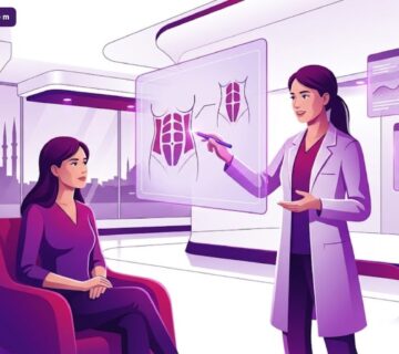 رسم توضيحي يظهر طبيب يشرح ميزات شد البطن الكامل في تركيا لمريض داخل عيادة فاخرة 