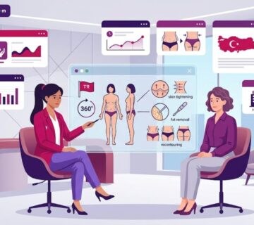 رسوم توضيحية لعيادة طبية فاخرة تشرح ميزات شد الجسم الحزامي في تركيا للمرضى 