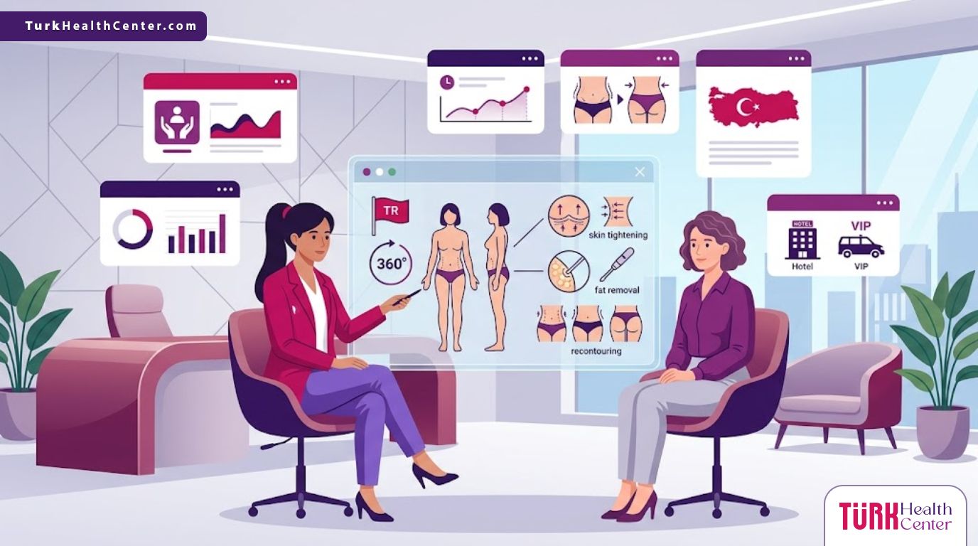 رسوم توضيحية لعيادة طبية فاخرة تشرح ميزات شد الجسم الحزامي في تركيا للمرضى 