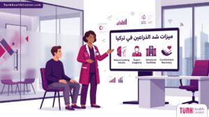 رسم توضيحي طبي فاخر يظهر طبيباً يشرح ميزات شد الذراعين في تركيا للمريض داخل عيادة حديثة 