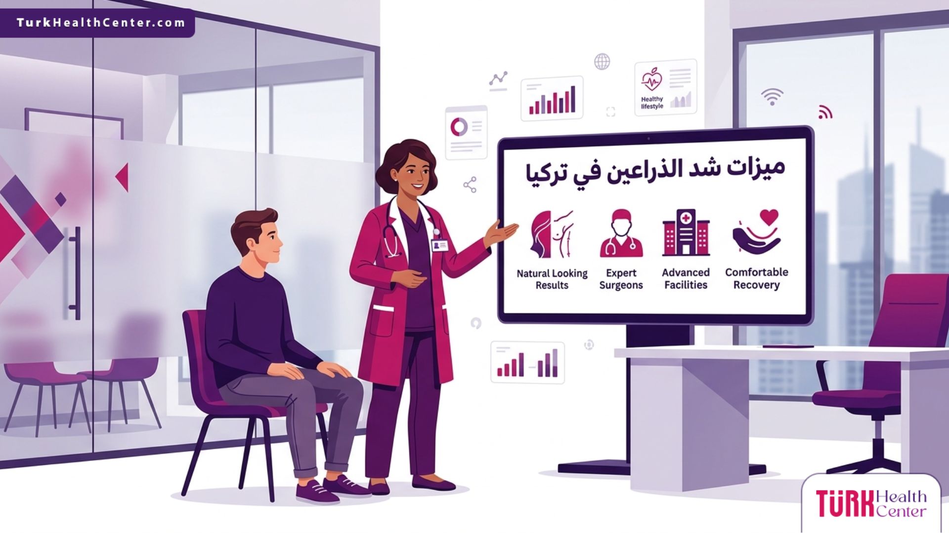 رسم توضيحي طبي فاخر يظهر طبيباً يشرح ميزات شد الذراعين في تركيا للمريض داخل عيادة حديثة 