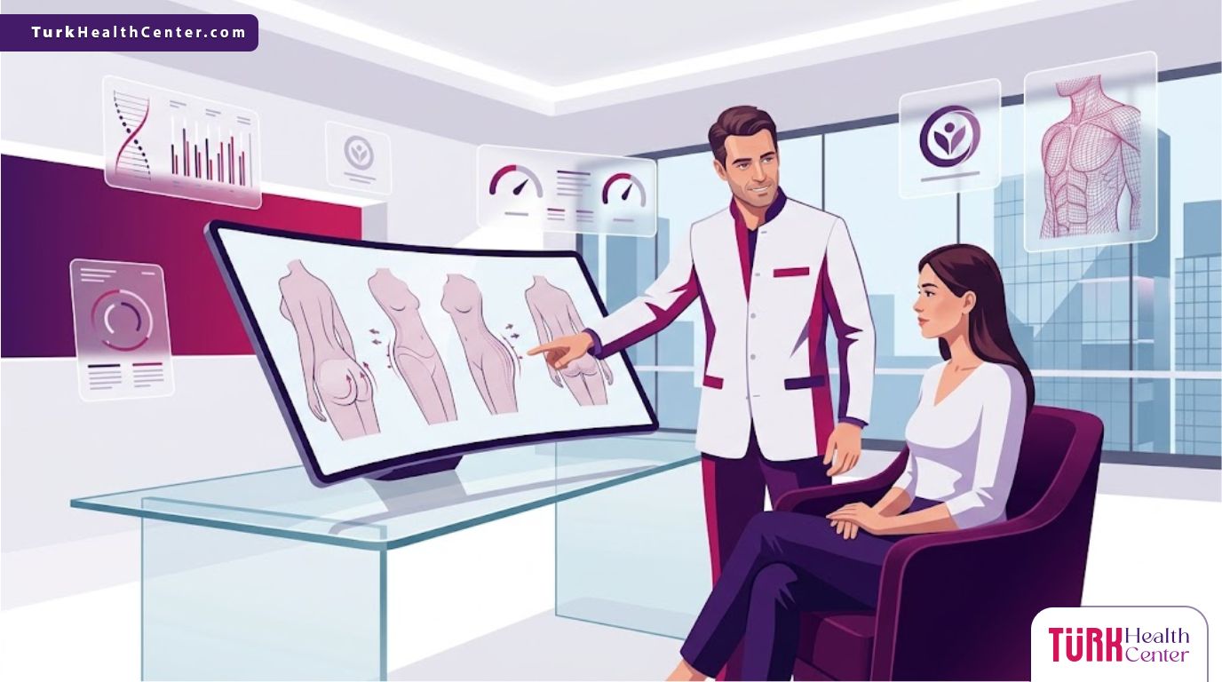 رسوم توضيحية لعيادة طبية حديثة تشرح ميزات شد المؤخرة في تركيا للمرضى بأسلوب احترافي 