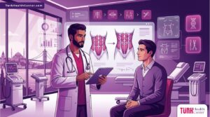 رسوم توضيحية طبية تظهر طبيباً يشرح ميزات شد عضلات البطن في تركيا لمريض في عيادة فاخرة 