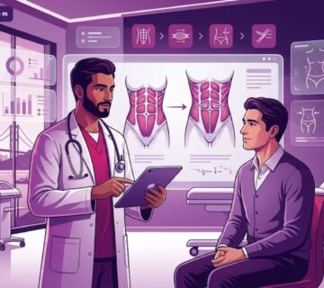 رسوم توضيحية طبية تظهر طبيباً يشرح ميزات شد عضلات البطن في تركيا لمريض في عيادة فاخرة 