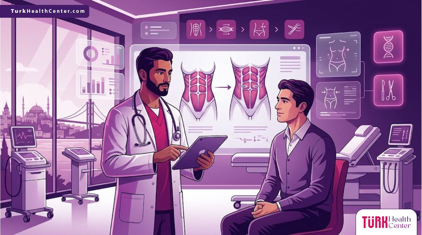 رسوم توضيحية طبية تظهر طبيباً يشرح ميزات شد عضلات البطن في تركيا لمريض في عيادة فاخرة 