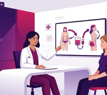 رسوم توضيحية لعيادة تجميل حديثة تشرح ميزات شفط الدهون مع الحقن للمريض بأسلوب احترافي وألوان فخمة 