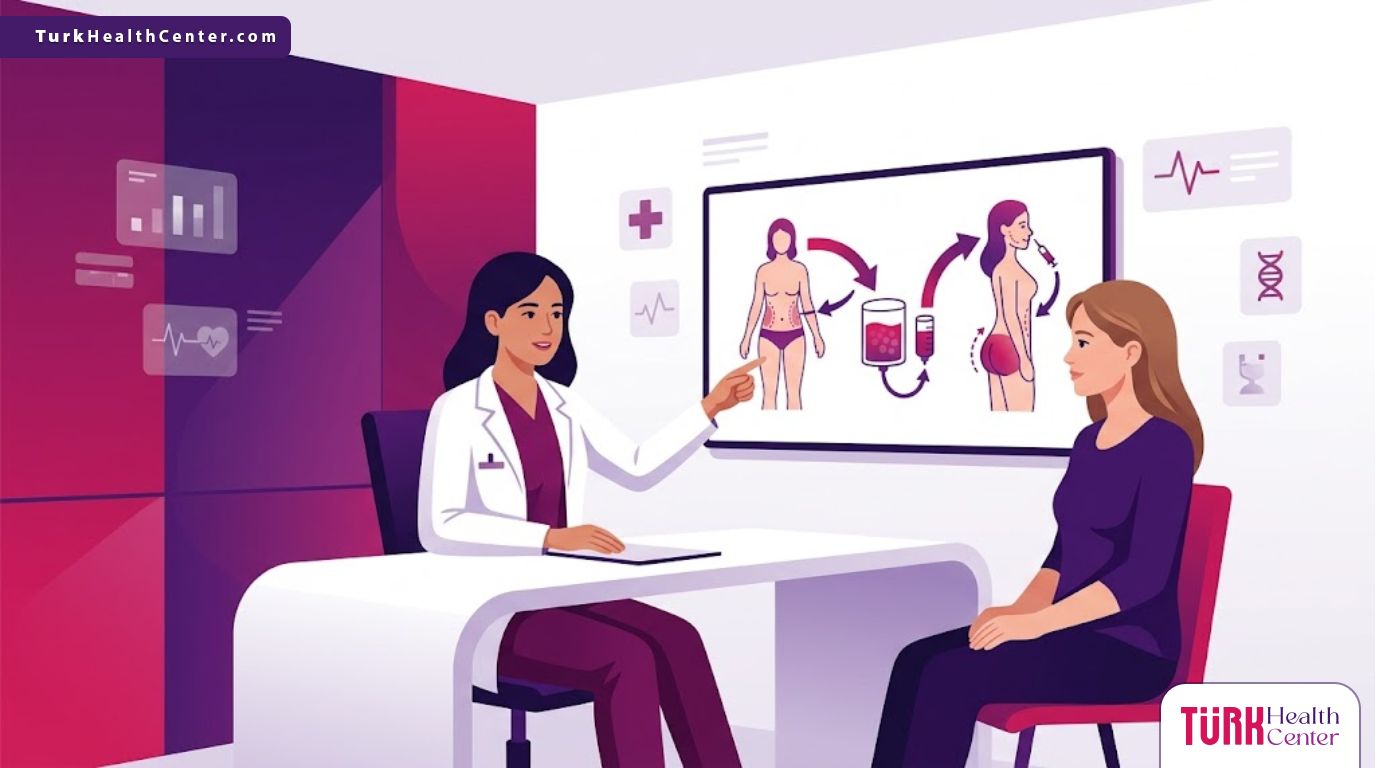 رسوم توضيحية لعيادة تجميل حديثة تشرح ميزات شفط الدهون مع الحقن للمريض بأسلوب احترافي وألوان فخمة