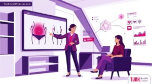 رسم توضيحي يظهر طبيب يشرح ميزات شفط الدهون مع شد الجلد لمريض داخل عيادة طبية حديثة بأسلوب فيكتور راقي 