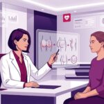 رسم توضيحي يظهر طبيب تجميل يشرح ميزات شفط دهون الأرداف في تركيا للمريض داخل عيادة طبية حديثة ومجهزة 