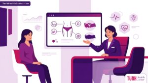 رسم توضيحي يظهر طبيب تجميل يشرح ميزات شفط دهون الأفخاذ في تركيا لمريضة داخل عيادة حديثة 