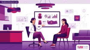 رسم توضيحي يظهر طبيباً يشرح ميزات شفط دهون البطن في تركيا لمريض داخل عيادة تجميل حديثة 