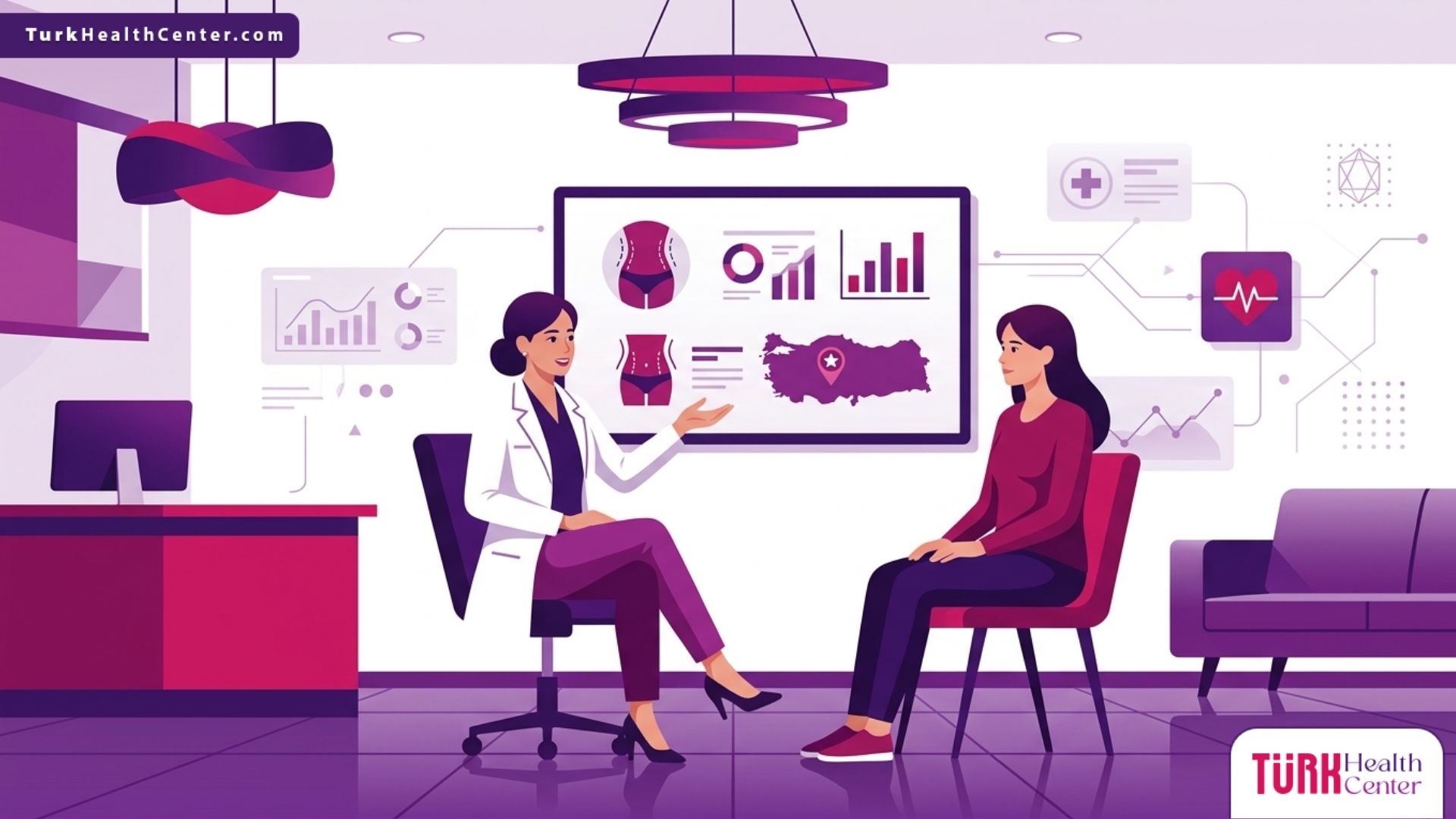 رسم توضيحي يظهر طبيباً يشرح ميزات شفط دهون البطن في تركيا لمريض داخل عيادة تجميل حديثة 