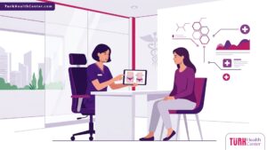 رسم توضيحي يظهر طبيب تجميل يشرح ميزات شفط دهون الخصر في تركيا لمريض داخل عيادة فاخرة 