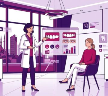 رسوم توضيحية لعيادة أسنان فاخرة تشرح ميزات فينير الأسنان في تركيا للمرضى 