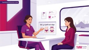 رسوم توضيحية فاخرة تظهر طبيباً يشرح ميزات نحت البطن في تركيا لمريض داخل عيادة عصرية 
