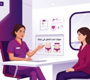رسوم توضيحية فاخرة تظهر طبيباً يشرح ميزات نحت البطن في تركيا لمريض داخل عيادة عصرية 