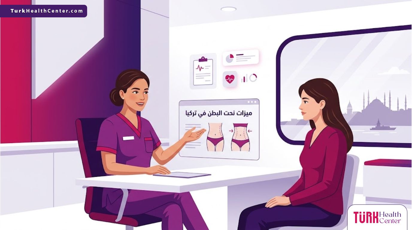 رسوم توضيحية فاخرة تظهر طبيباً يشرح ميزات نحت البطن في تركيا لمريض داخل عيادة عصرية