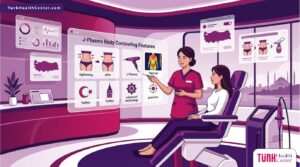 توضيح فني لعيادة طبية حديثة تشرح ميزات نحت الجسم بالجي بلازما في تركيا للمريض 