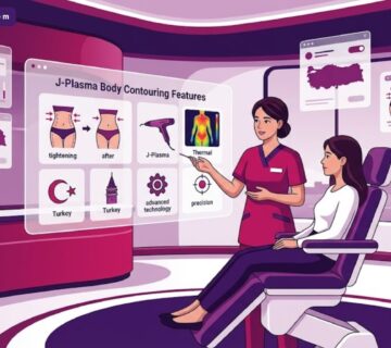 توضيح فني لعيادة طبية حديثة تشرح ميزات نحت الجسم بالجي بلازما في تركيا للمريض 