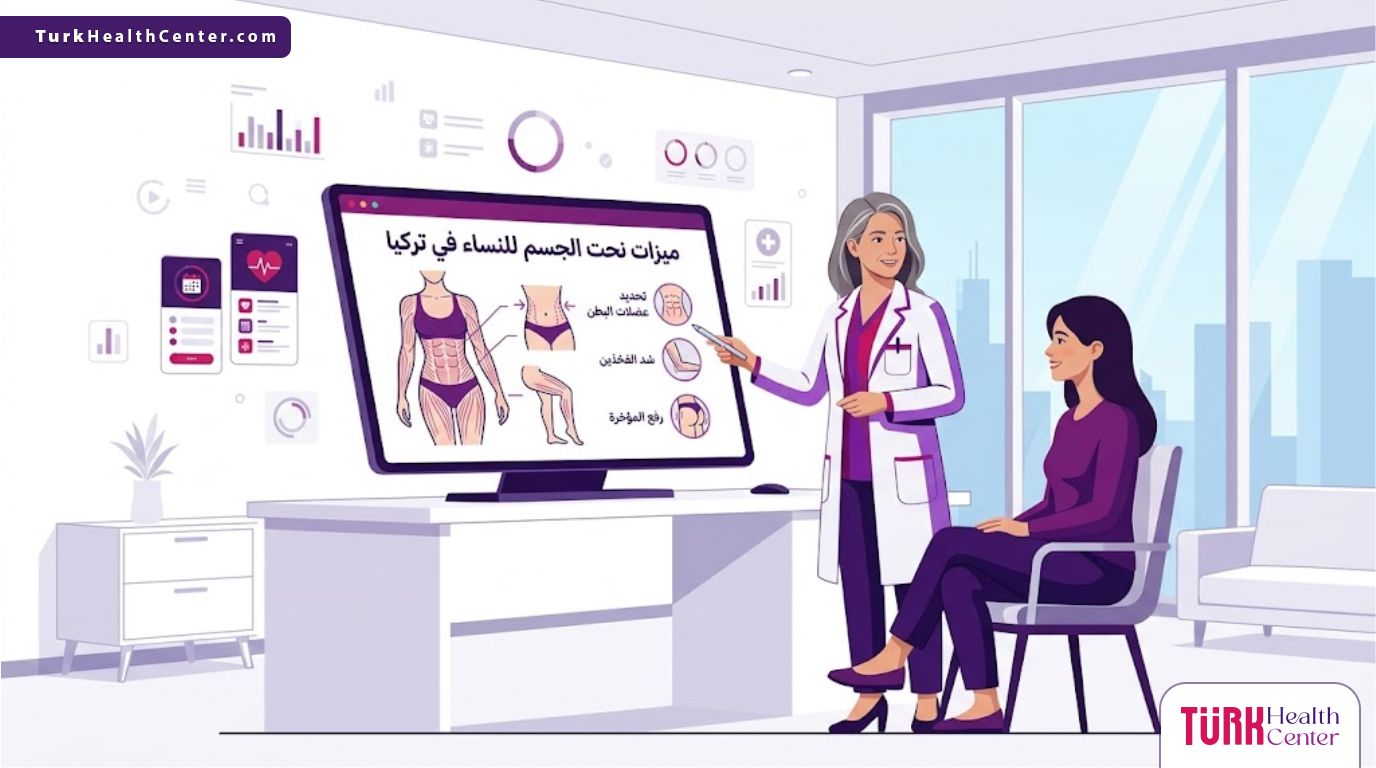 رسوم توضيحية احترافية لعيادة طبية تشرح ميزات نحت الجسم للنساء في تركيا بأسلوب عصري وألوان متناسقة 