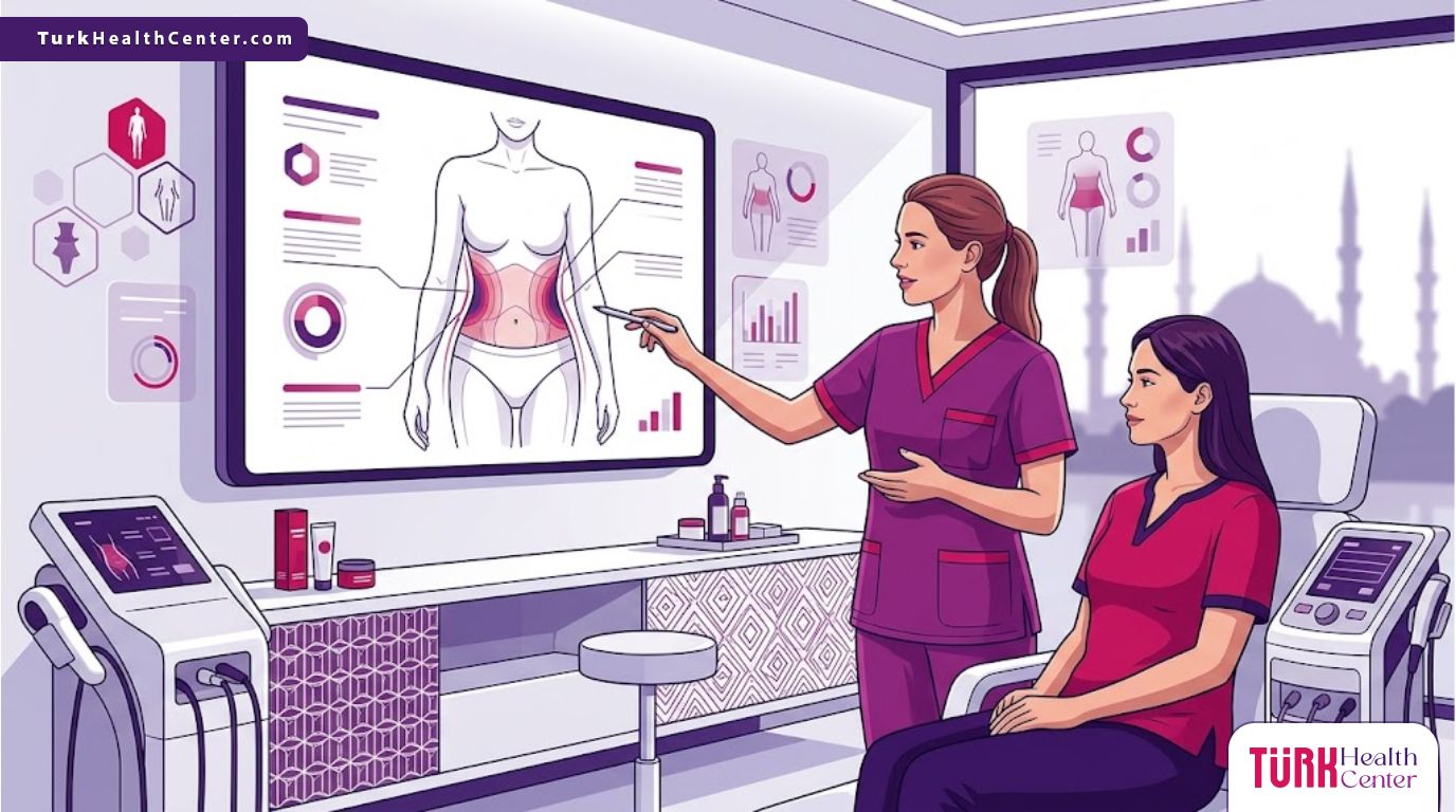 رسم توضيحي عصري يظهر طبيب يشرح ميزات نحت الخصر في تركيا للمريض داخل عيادة فاخرة بألوان أرجوانية احترافية 