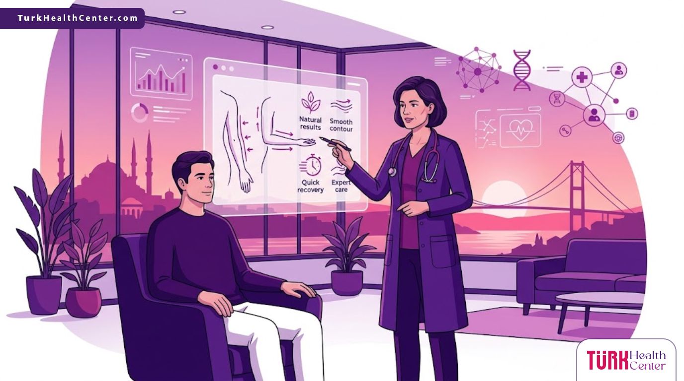 رسم توضيحي عصري يظهر طبيب يشرح ميزات نحت الذراعين في تركيا لمريض داخل عيادة فاخرة بألوان الهوية البصرية 