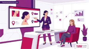 رسوم توضيحية فاخرة لطبيب يشرح ميزات نحت الرقبة في تركيا لمريض في عيادة عصرية 