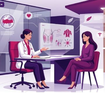 رسوم توضيحية عصرية لطبيب يشرح ميزات نحت الفخذين في تركيا لمريض في عيادة فاخرة 