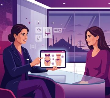 رسوم توضيحية حديثة تظهر طبيبًا يشرح ميزات نقل الدهون في تركيا لمريض في عيادة فاخرة 