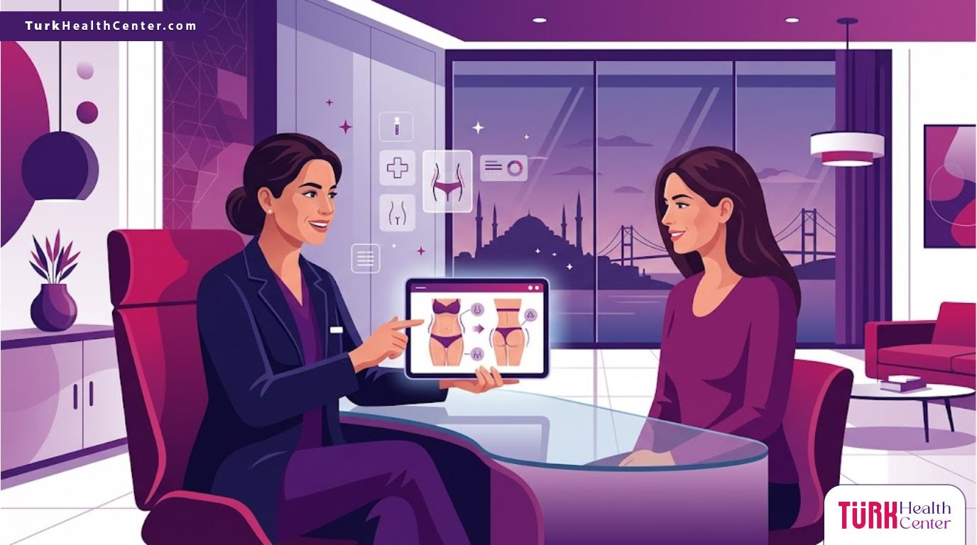 رسوم توضيحية حديثة تظهر طبيبًا يشرح ميزات نقل الدهون في تركيا لمريض في عيادة فاخرة 