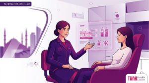 رسوم توضيحية لعيادة تجميل تشرح إجراءات ميزوثيرابي الوجه في تركيا بأسلوب عصري وألوان متناسقة 