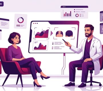 طبيب متخصص يشرح نتائج زراعة الشعر بالصور للمريض داخل عيادة طبية حديثة وفخمة 