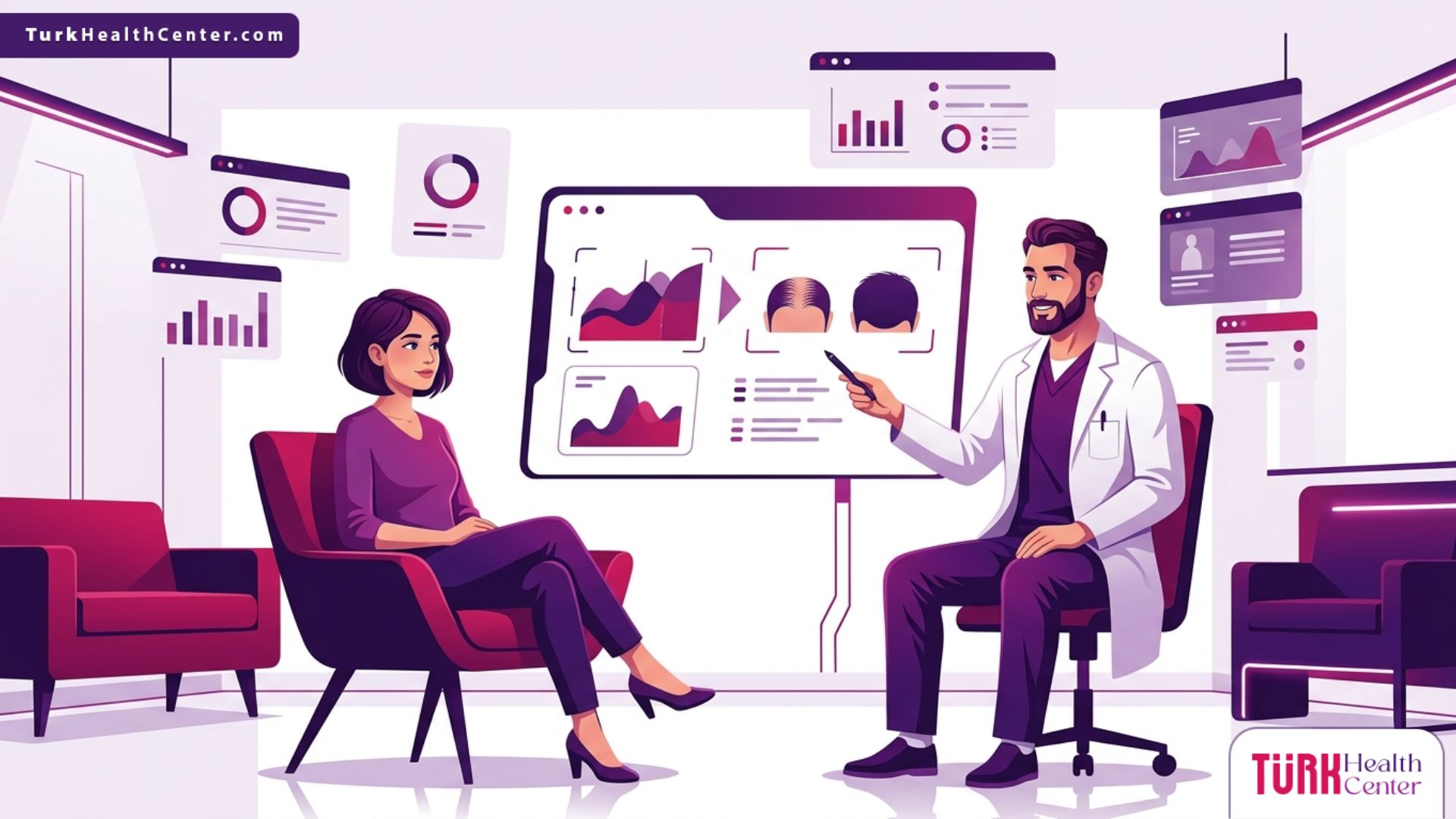 طبيب متخصص يشرح نتائج زراعة الشعر بالصور للمريض داخل عيادة طبية حديثة وفخمة 