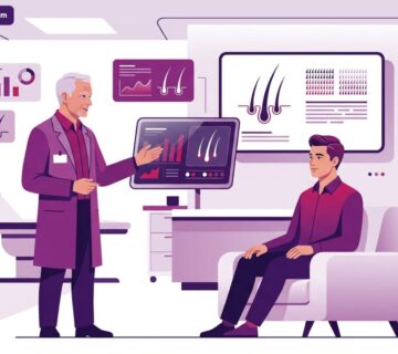 رسم توضيحي طبي فاخر يشرح تفاصيل نتائج زراعة الشعر بعد سنة 