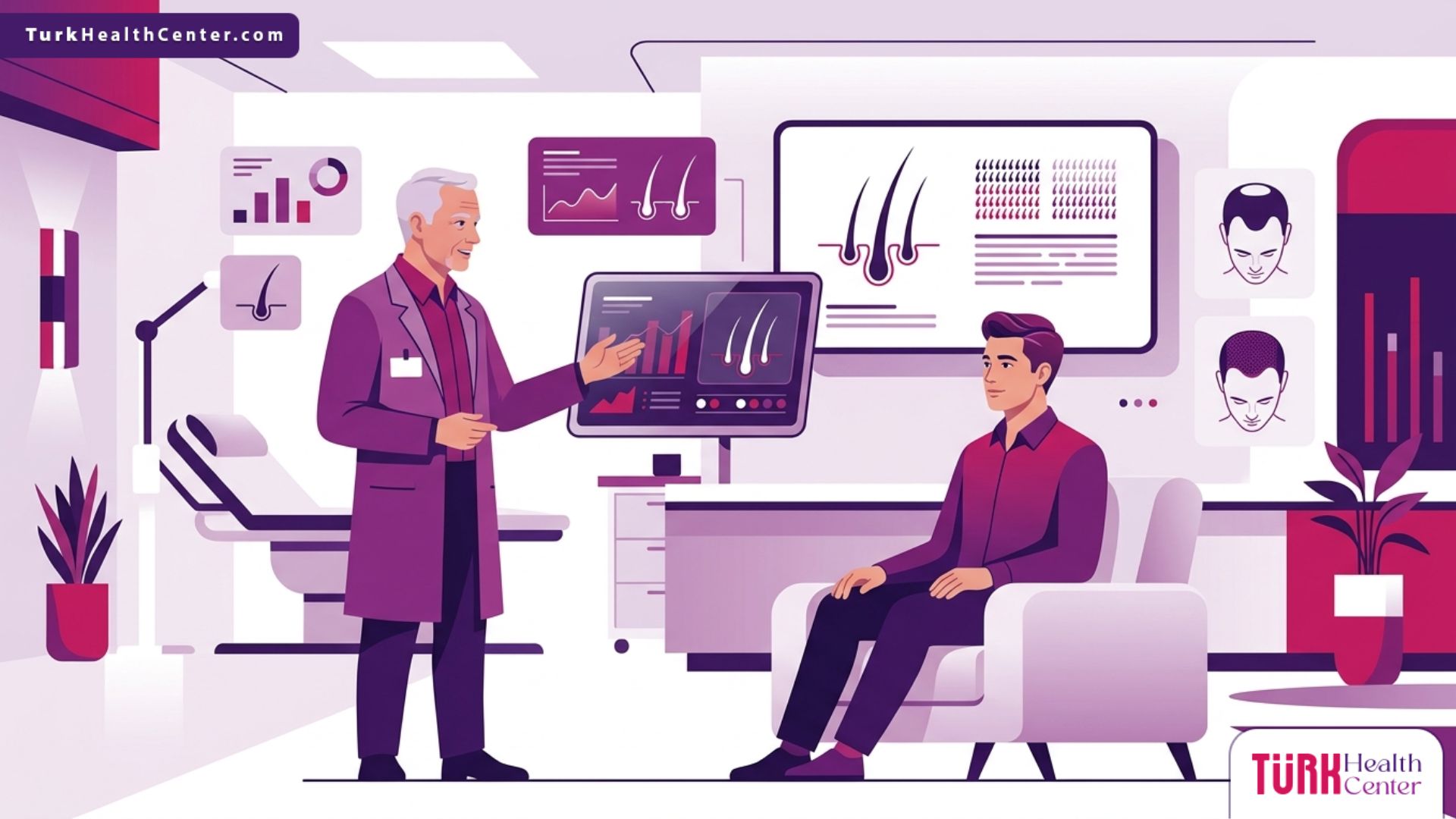 رسم توضيحي طبي فاخر يشرح تفاصيل نتائج زراعة الشعر بعد سنة 