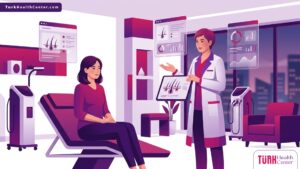 رسم توضيحي طبي يظهر طبيباً يشرح مراحل ونتائج زراعة الشعر للنساء في عيادة حديثة ومجهزة 