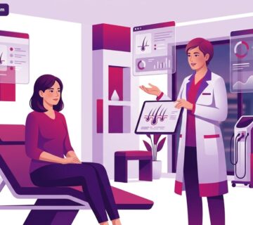 رسم توضيحي طبي يظهر طبيباً يشرح مراحل ونتائج زراعة الشعر للنساء في عيادة حديثة ومجهزة 