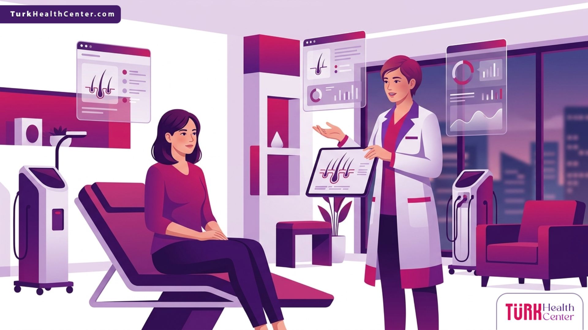 رسم توضيحي طبي يظهر طبيباً يشرح مراحل ونتائج زراعة الشعر للنساء في عيادة حديثة ومجهزة 