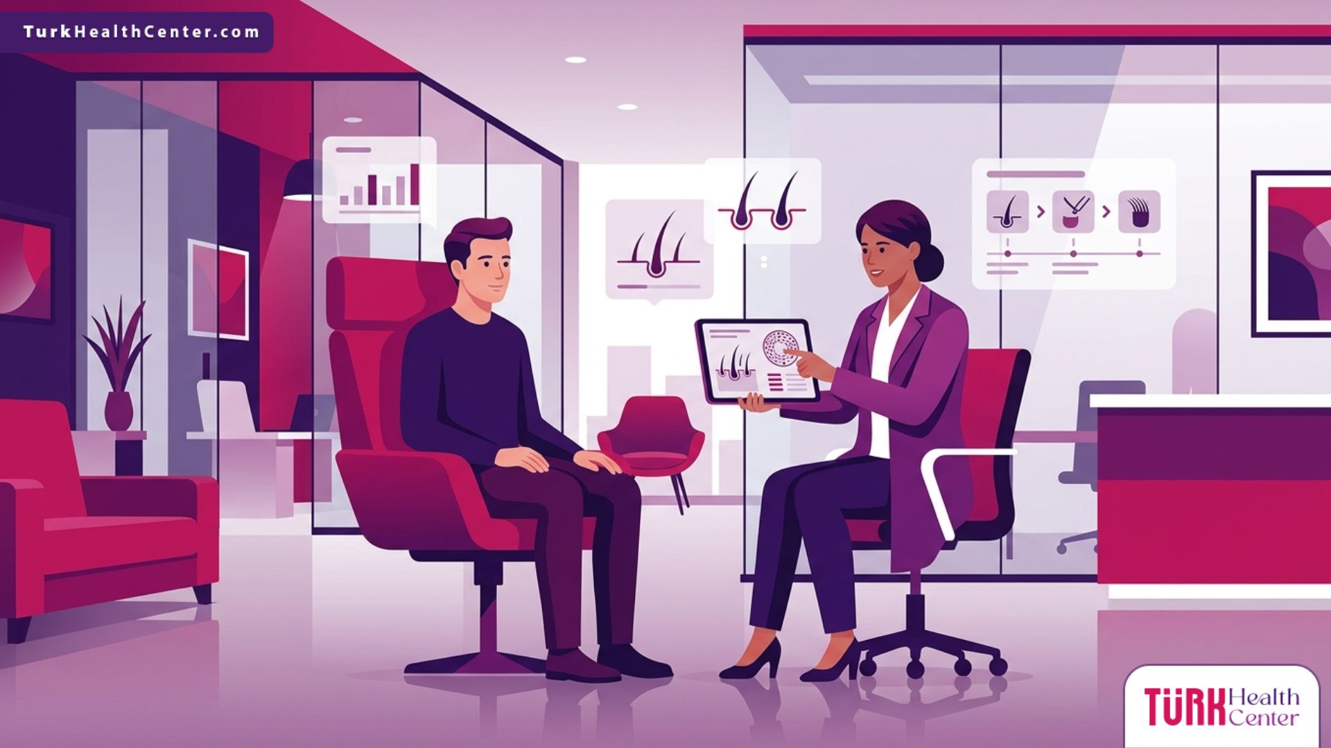 رسم توضيحي لعيادة طبية حديثة يشرح فيها الطبيب نتائج عملية زراعة الشعر للمريض 