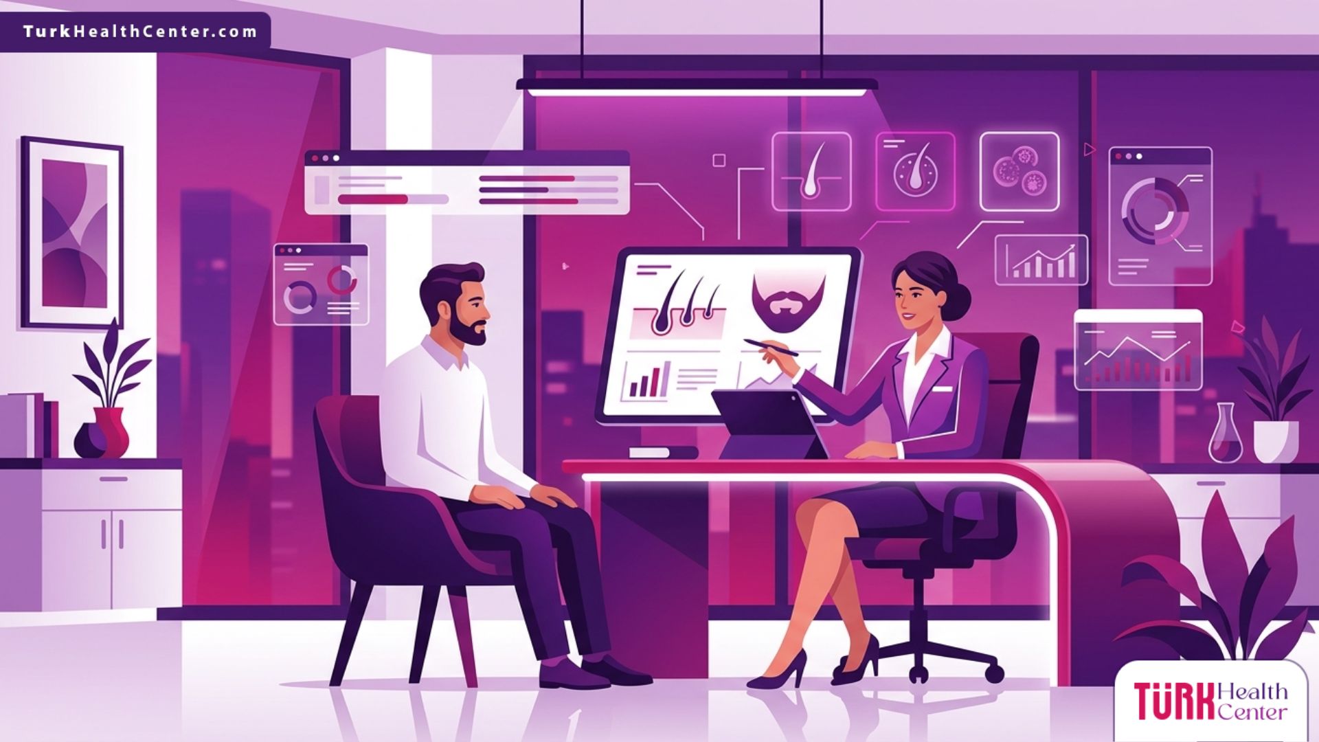 رسم توضيحي يظهر طبيباً يشرح تفاصيل نتائج و تجارب زراعة شعر الذقن والشارب لمريض في عيادة طبية حديثة 