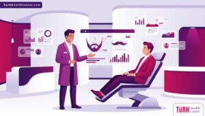 رسم توضيحي يظهر طبيباً يشرح تفاصيل حول نتائج و تجارب زراعة شعر اللحية والشنب داخل عيادة طبية حديثة ومجهزة 