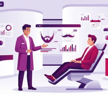 رسم توضيحي يظهر طبيباً يشرح تفاصيل حول نتائج و تجارب زراعة شعر اللحية والشنب داخل عيادة طبية حديثة ومجهزة 