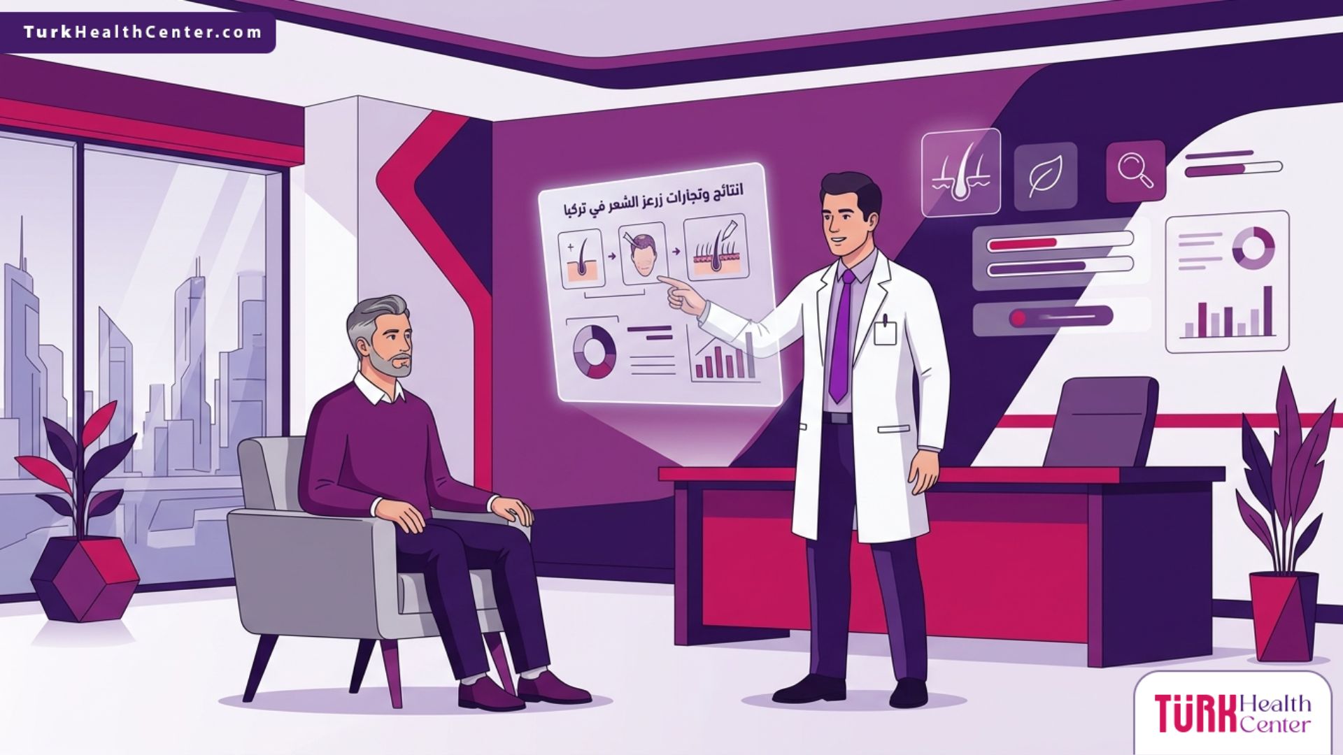 رسم توضيحي لعيادة طبية فاخرة يوضح نتائج وتجارب زراعة الشعر في تركيا للمرضى 