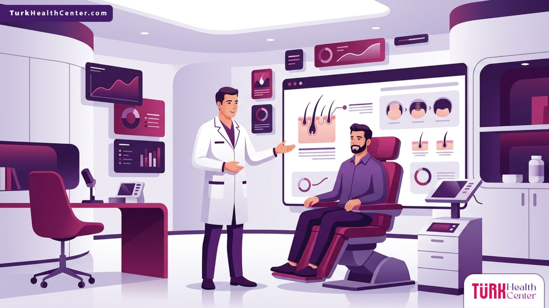 طبيب محترف يشرح لأحد المرضى في عيادة حديثة تفاصيل نتائج وتجارب زراعة الشعر للرجال بتصميم عصري وألوان متناسقة 