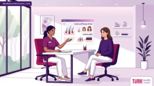 رسم توضيحي لعيادة طبية فاخرة تشرح نتائج وتجارب زراعة الشعر للنساء 