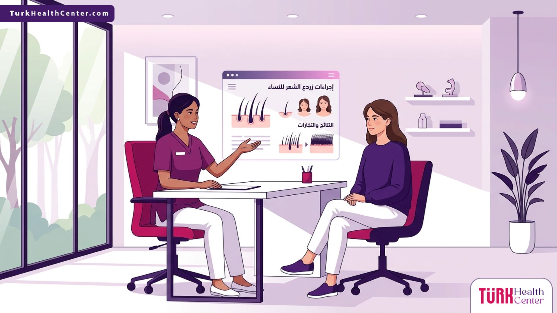 رسم توضيحي لعيادة طبية فاخرة تشرح نتائج وتجارب زراعة الشعر للنساء 