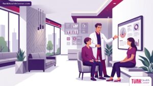 رسم توضيحي متجهي عالي الجودة لعيادة طبية حديثة وطبيب يشرح تفاصيل نجاح عملية زراعة الشعر لمريض هادئ 